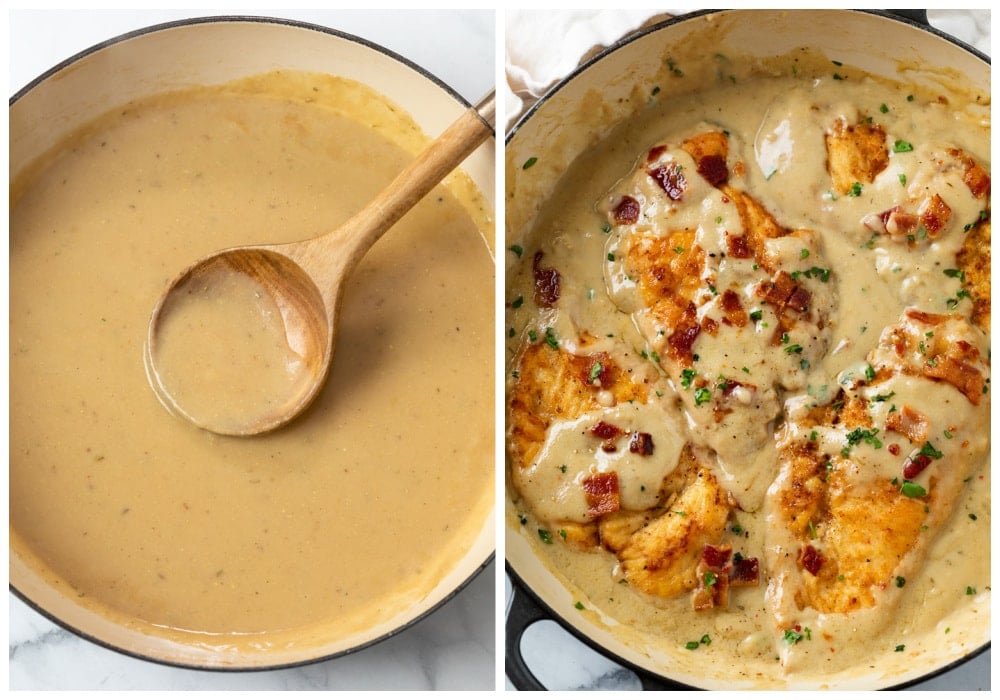 A pan of gravy next to a pot of Smothered Chicken topped with bacon.