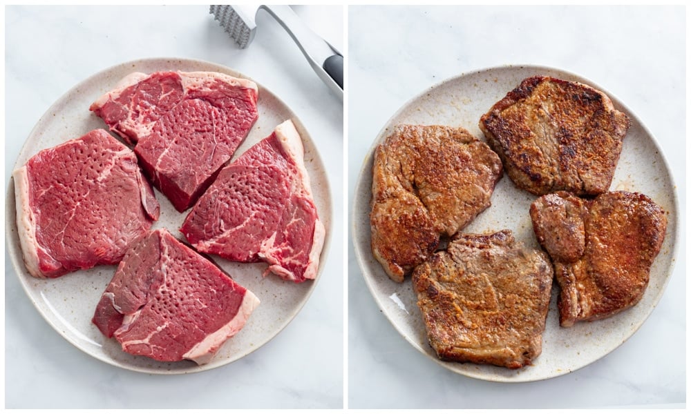 Steak on a plate before and after being seared.