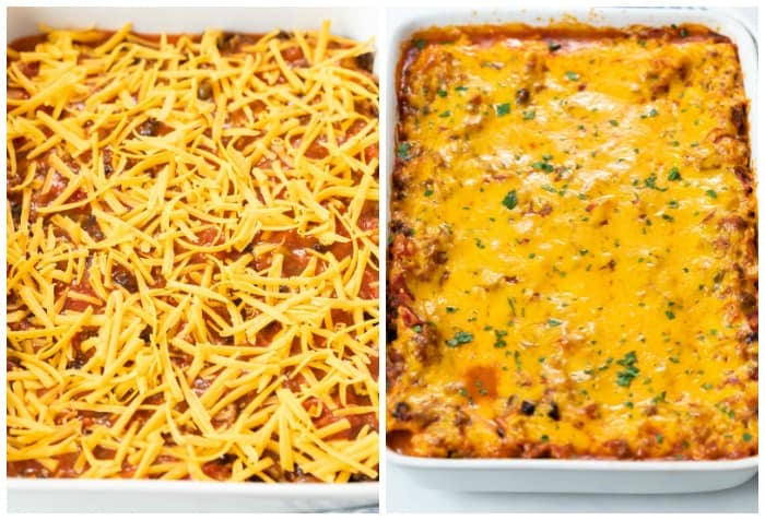 Showing how to make Taco Lasagna by adding cheese to the top and baking it in a casserole dish.