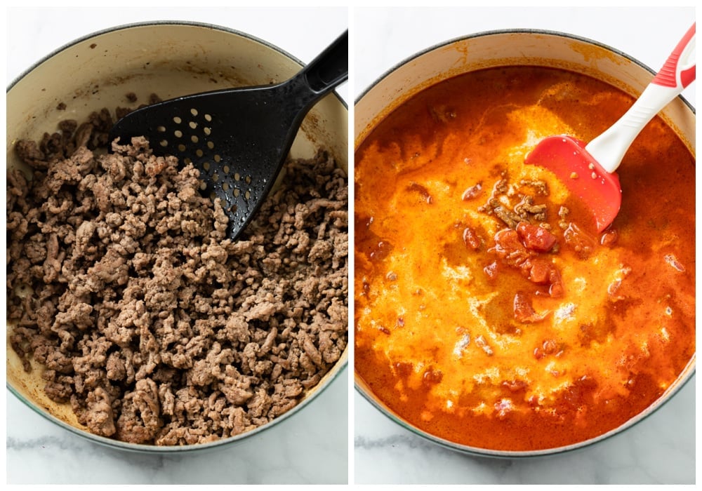 A pot with ground beef next to a pot with sauce to make Taco Pasta.