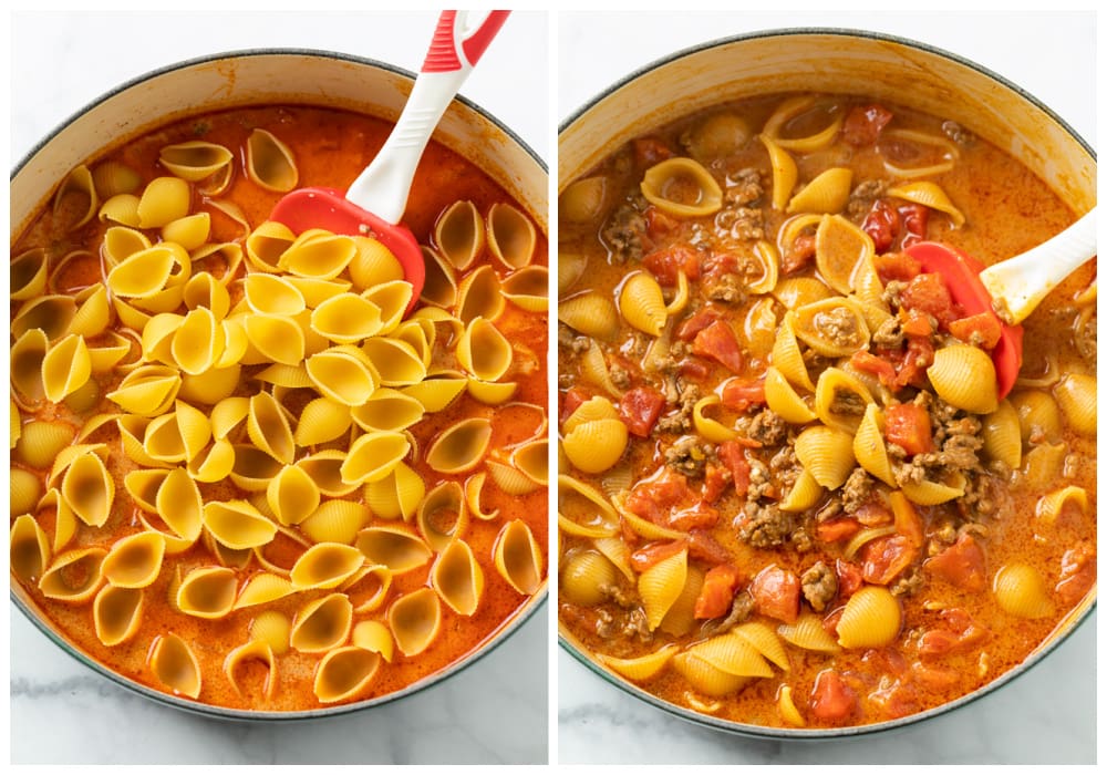 A pot with uncooked pasta shells in sauce in sauce next to a pot with cooked pasta shells in sauce.