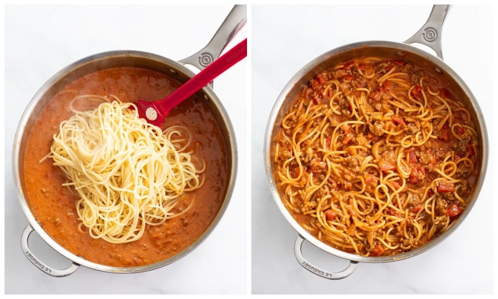 Adding spaghetti to a skillet of Taco Sauce to make Taco Spaghetti.
