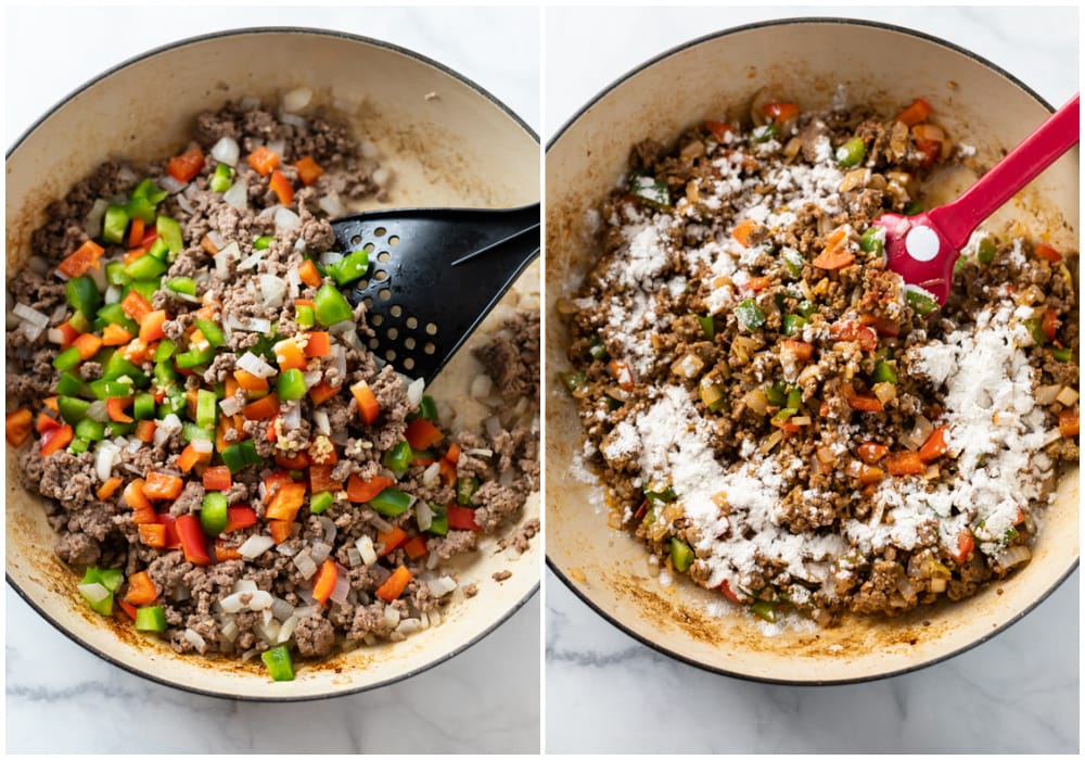 A skillet with ground beef, onions, and peppers topped with flour.