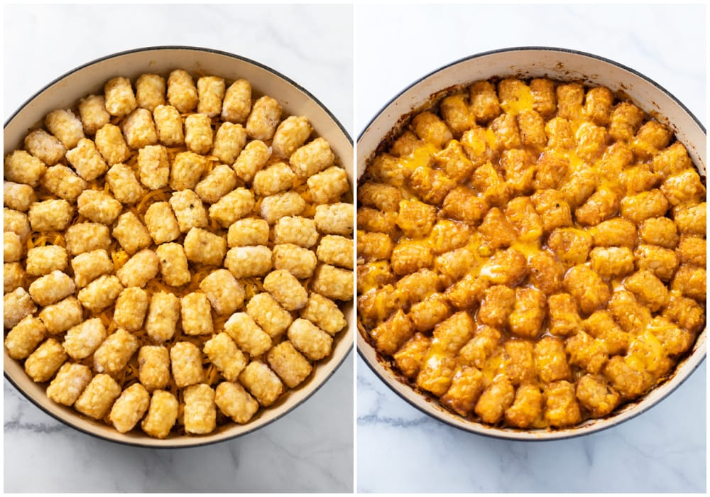 Tater Tot Casserole before and after being baked.