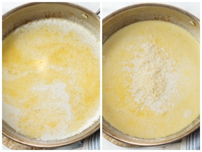 A skillet with chicken broth and half and half with Parmesan cheese being added to make a cream sauce.