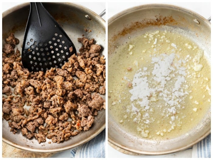 A skillet with ground sausage and then melted butter, garlic, and flour to make a cream sauce.