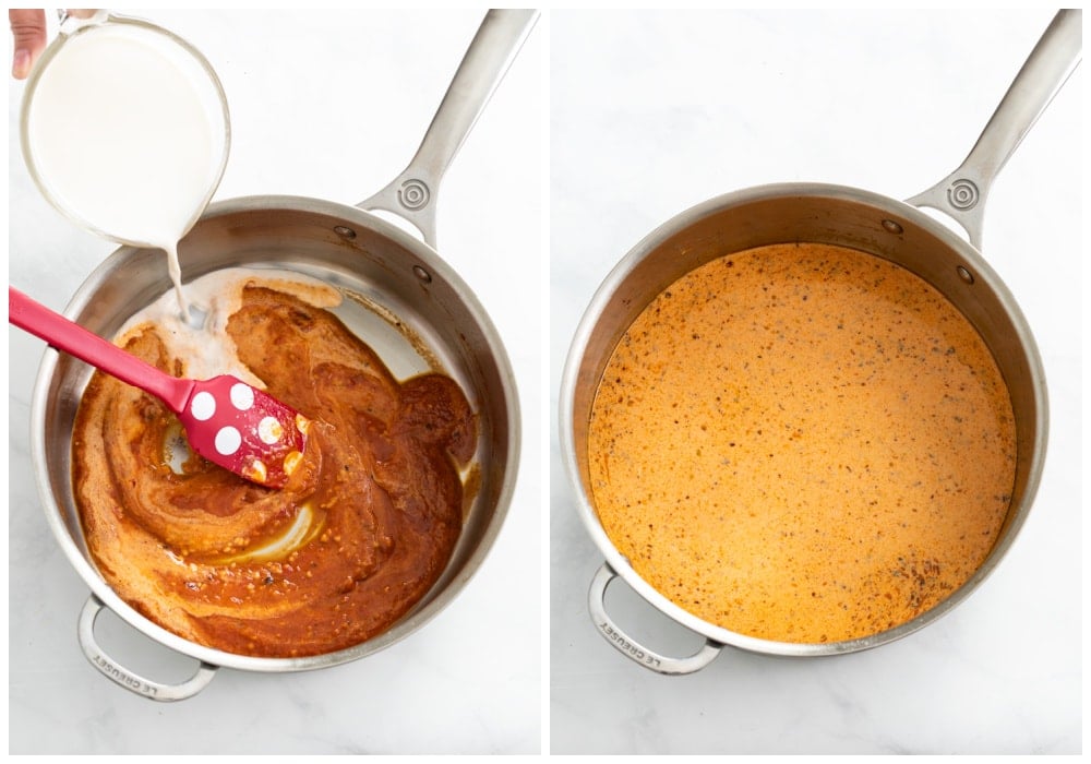 Making a creamy tomato sauce with cream, broth, tomato paste, and seasonings.