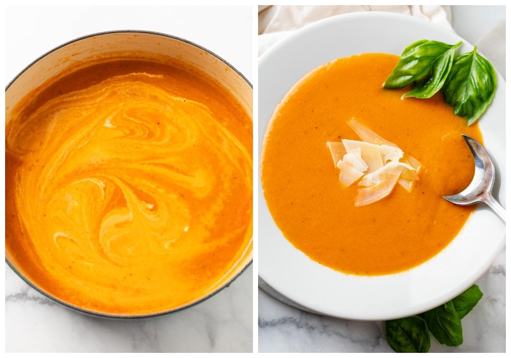 Mixing cream into Tomato Soup next to tomato soup in a bowl with a spoon in it.