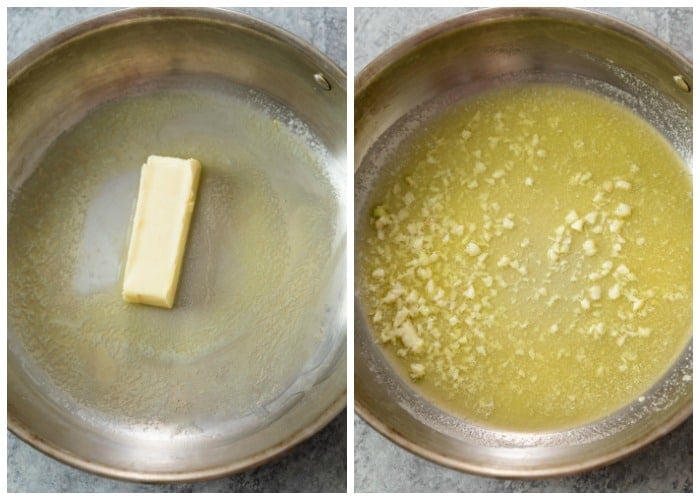 Melting butter in a skillet and adding minced garlic for Alfredo Sauce.