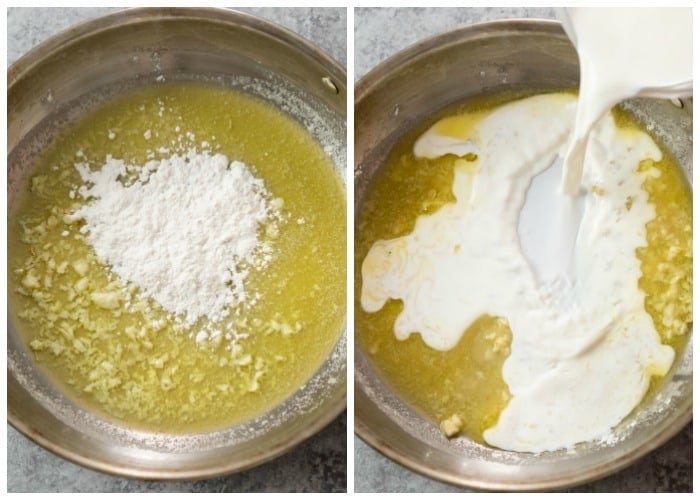 Adding flour and cream to a skillet with butter to make Alfredo sauce