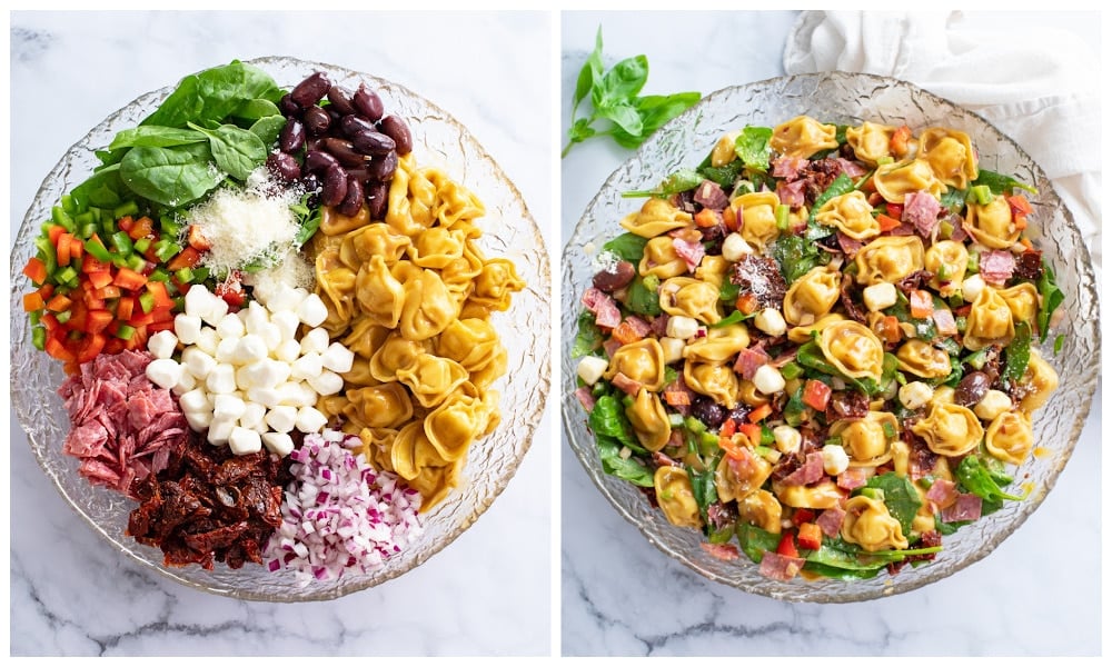 Tortellini Pasta Salad in a glass bowl before and after mixing.