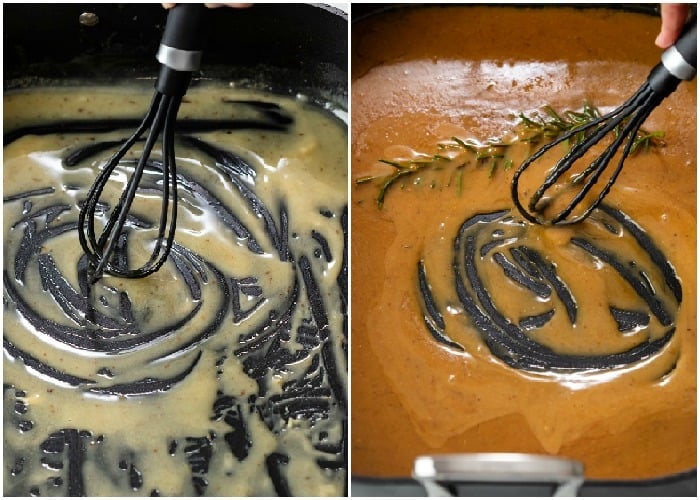 whisking roux, drippings, and broth to make turkey gravy.