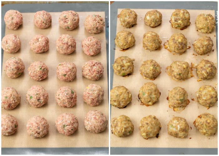 Turkey Meatballs on a baking sheet before and after baking.