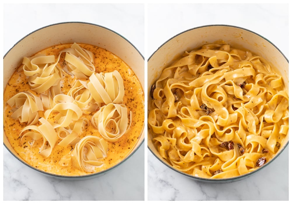 Pappardelle pasta in a pot before and after being cooked.