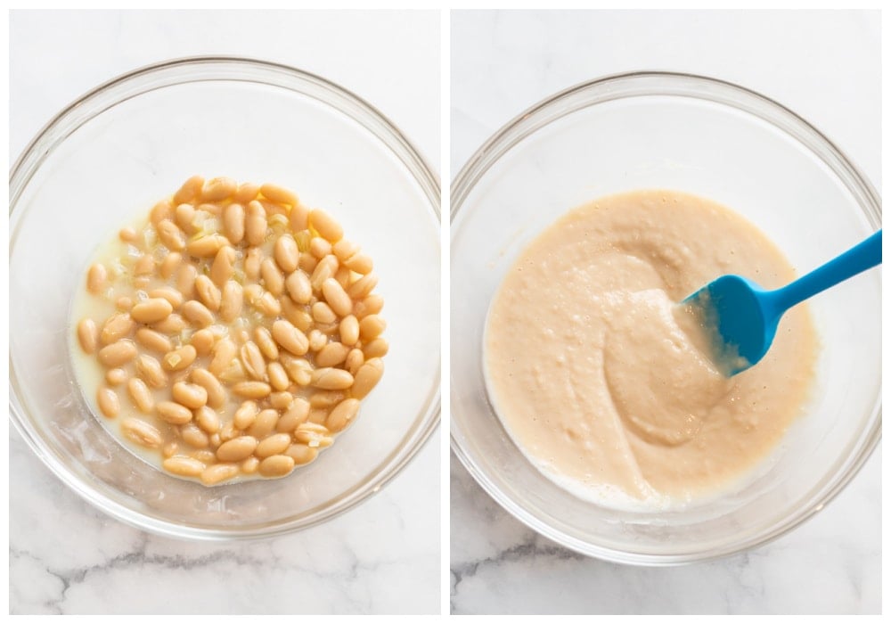 A bowl of cannellini beans before and after being pureed with broth.