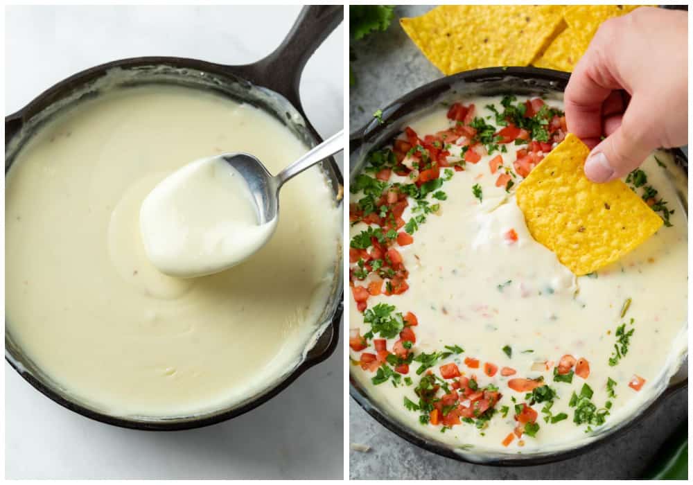 A cast iron skillet with melted White Queso Dip before and after adding Pico De Gallo and Cilantro on top.