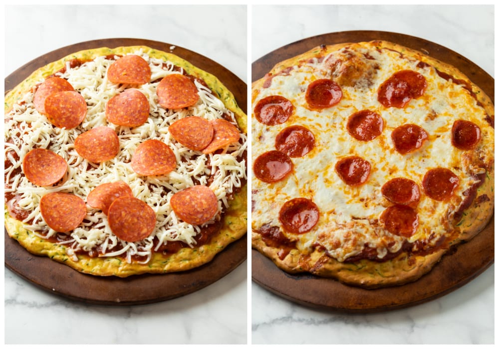 Zucchini Crust Pizza with cheese and pepperoni before and after being baked.