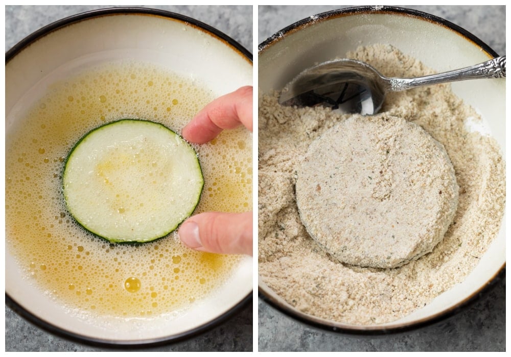 Dipping sliced eggplant into egg whites and breadcrumbs before baking or frying for zucchini parmesan.