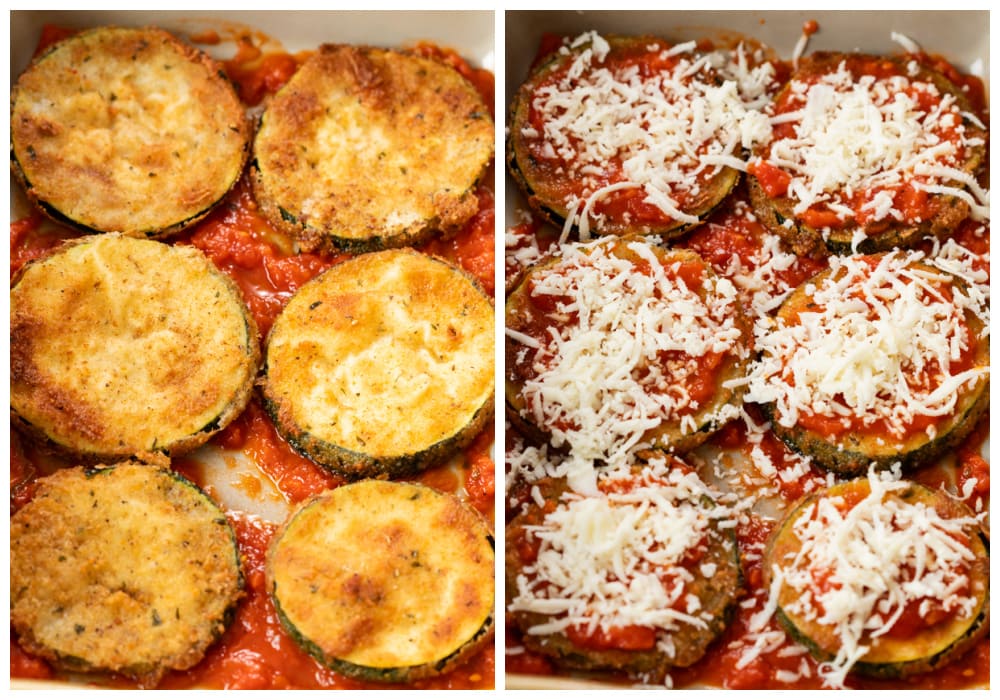 Layering breaded Zucchini Parmesan with marinara sauce and cheese in a casserole dish.