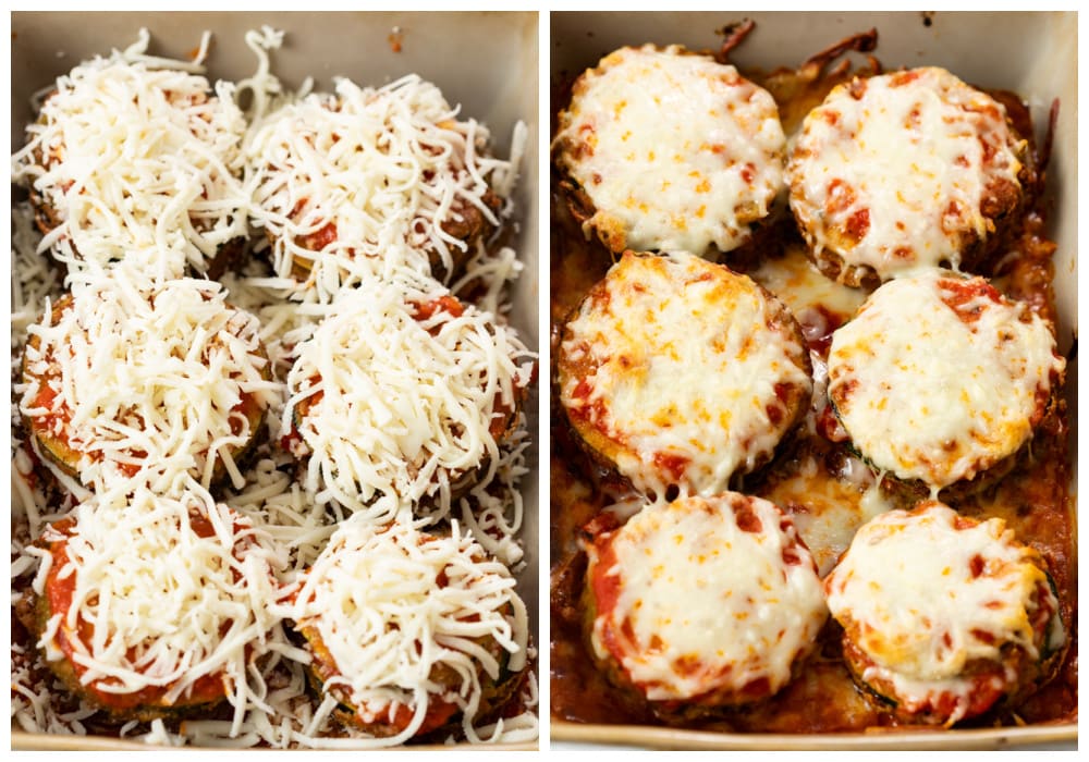 Cheesy Zucchini Parmesan in a casserole dish before and after being baked.