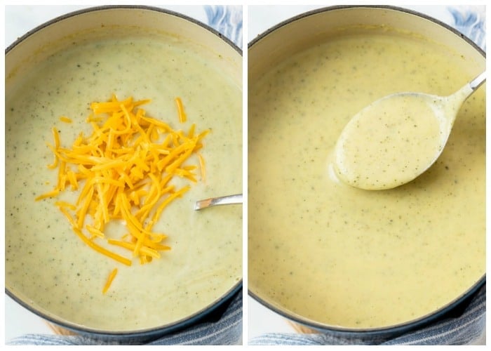 Adding cheddar cheese to a soup pot of zucchini soup until creamy.