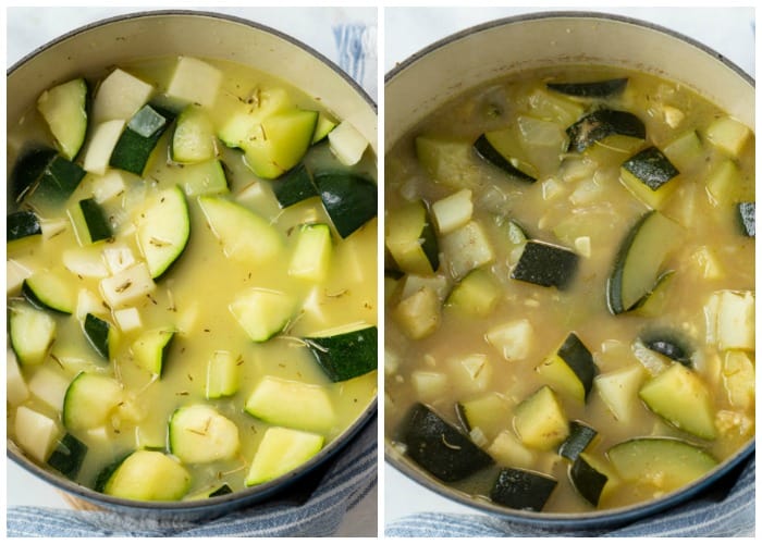 Showing how to make zucchini soup by combining diced zucchini, potatoes, seasoning, and chicken broth in a pot.
