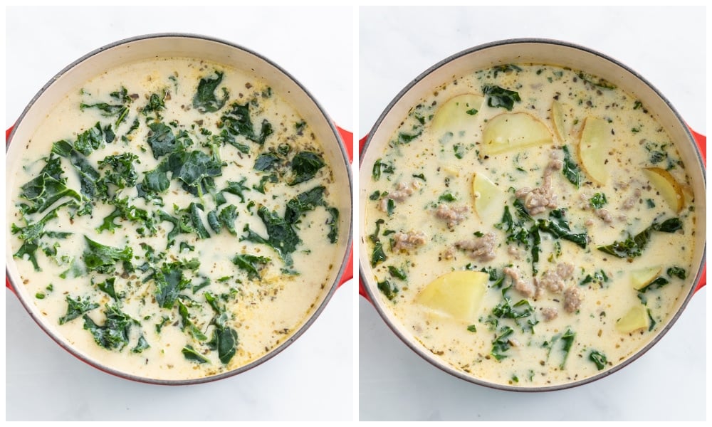Adding kale to soup to make Zuppa Toscana Soup.