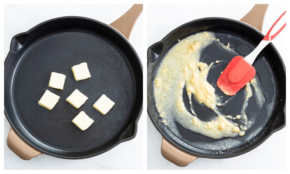 A skillet of pads of butter next to a skillet with melted butter and garlic.