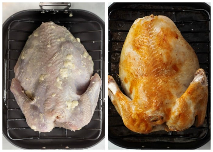 A buttered turkey breast side down in a roasting pan before and after roasting.