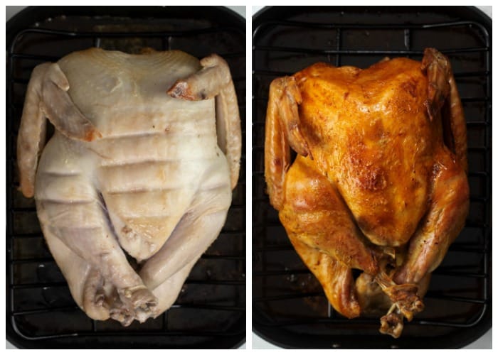 A turkey breast side up in a roasting pan before and after being roasted.