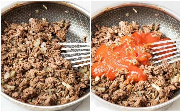 Ground beef in a skillet with tomato sauce added to make Homemade Sloppy Joes