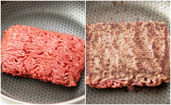 A pound of ground beef in a skillet before and after being cooked.
