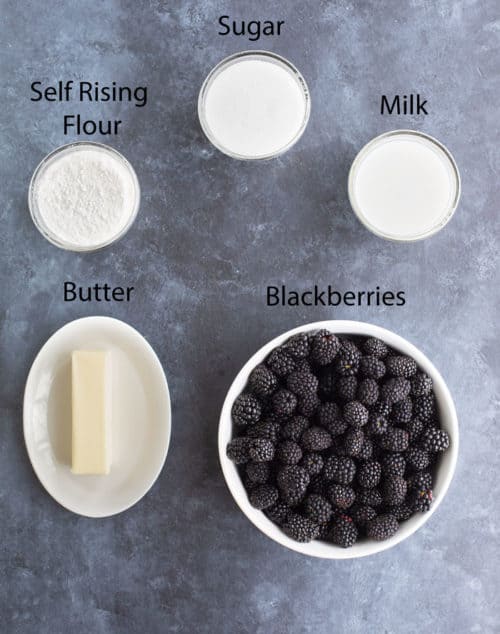 Overhead image of ingredients needed to make Blackberry Cobbler.