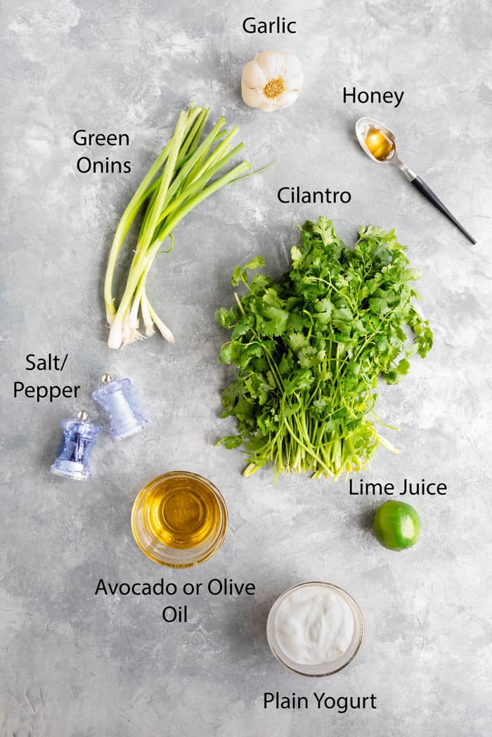 overhead image of ingredients needed for cilantro lime dressing.