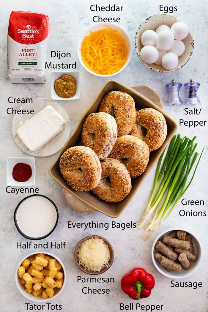 overhead shot of ingredients needed to make overnight everything bagel breakfast casserole.