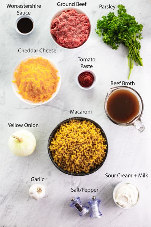 Overhead view of ingredients for cheeseburger casserole