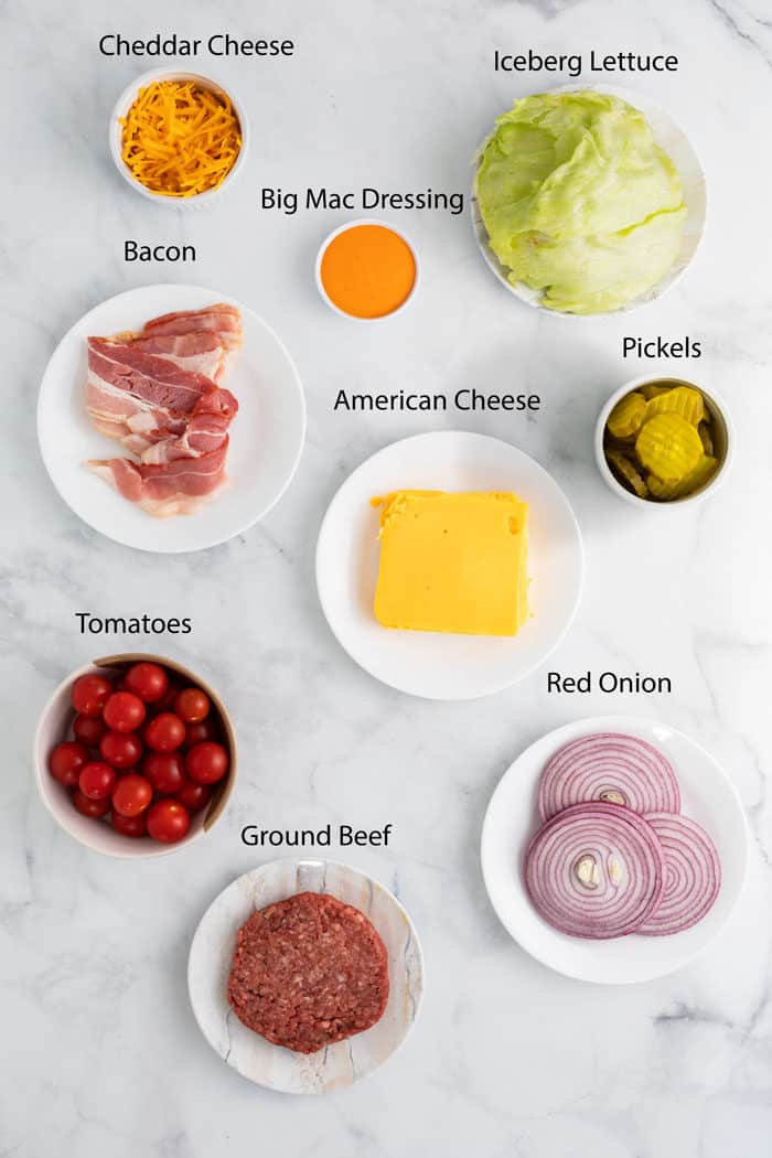 overhead view of ingredients for cheeseburger salad