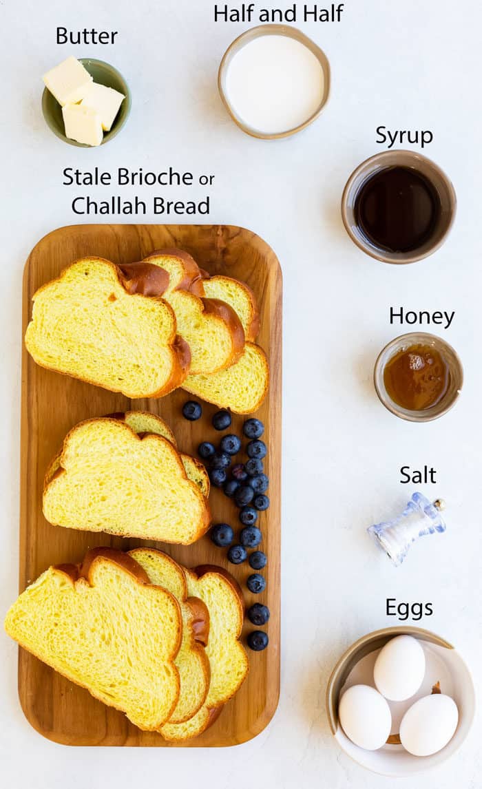 Overhead view of ingredients needed to make Alton Brown's French Toast recipe.