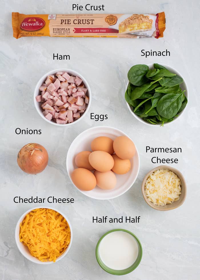 overhead view of ingredients needed to make ham and cheese quiche