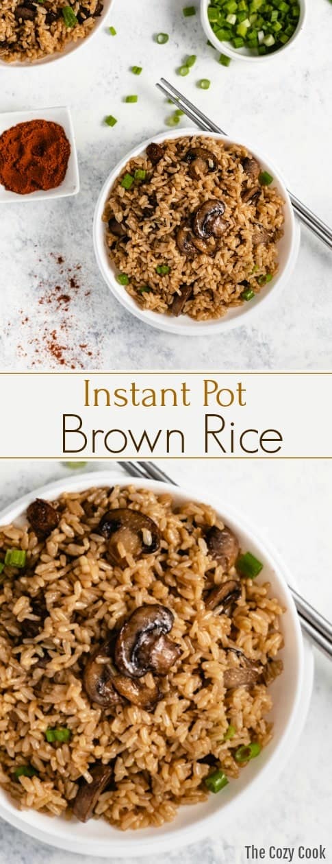 This Instant Pot Brown Rice is pressured cooked in a beef and chicken broth combination and tossed with sauteed mushrooms and diced green onions. This is the most flavorful and perfectly cooked rice you'll ever make! | The Cozy Cook | #rice #instantpot #brownrice #sides #sidedish