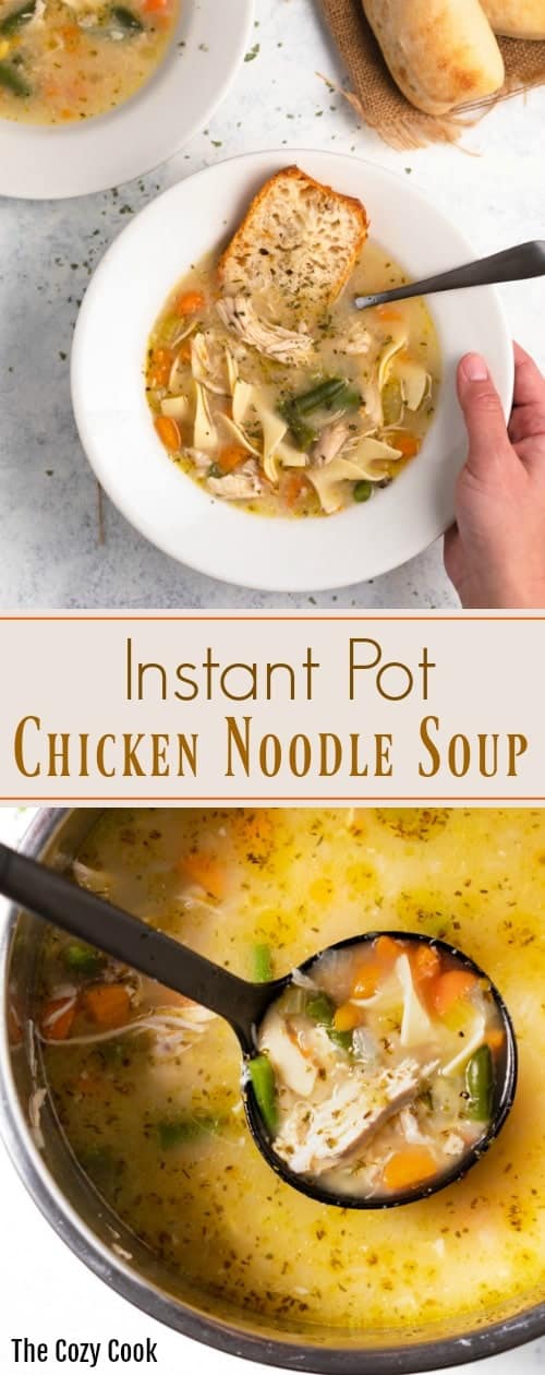 Classic and comforting chicken noodle soup prepared easily right in the Instant Pot with simple seasonings and a flavorful broth! | The Cozy Cook | #chicken #soup #noodles #instantpot