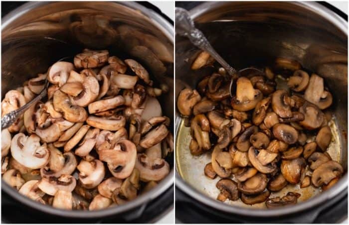 An instant pot with white button mushrooms before and after being cooked.