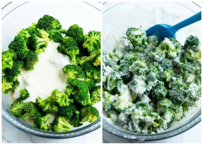 A glass bowl with broccoli before and after mixing it with cheese sauce.