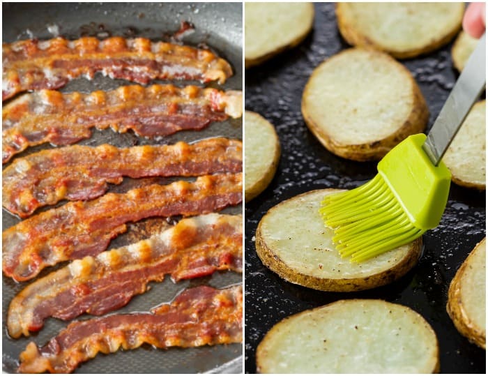 Bacon in a frying pan next to slices of potato with a pastry brush brushing oil on top.