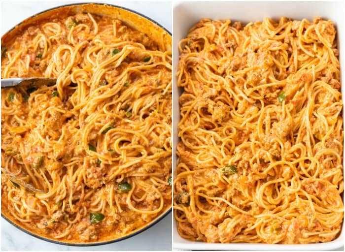 Spaghetti in a meat marinara sauce in a saucepan and in a casserole dish to make Baked Spaghetti.