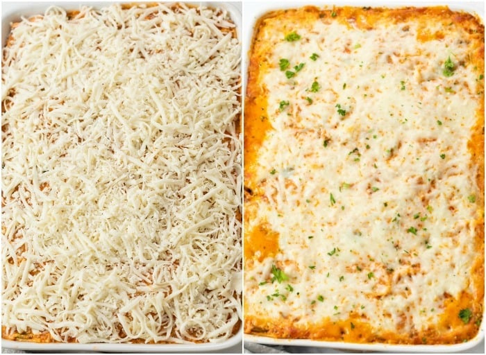 Showing how to make Baked Spaghetti in a casserole dish before and after baking.