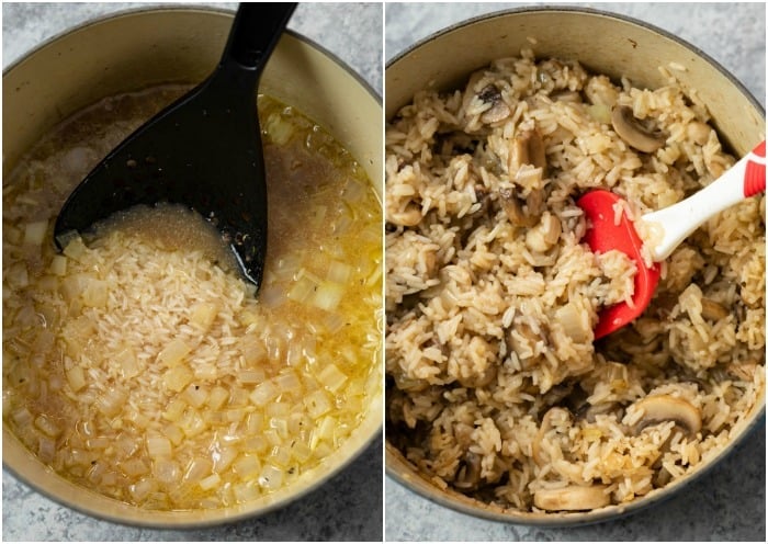 A pot of uncooked rice and beef broth next to a pot of cooked rice and mushrooms.