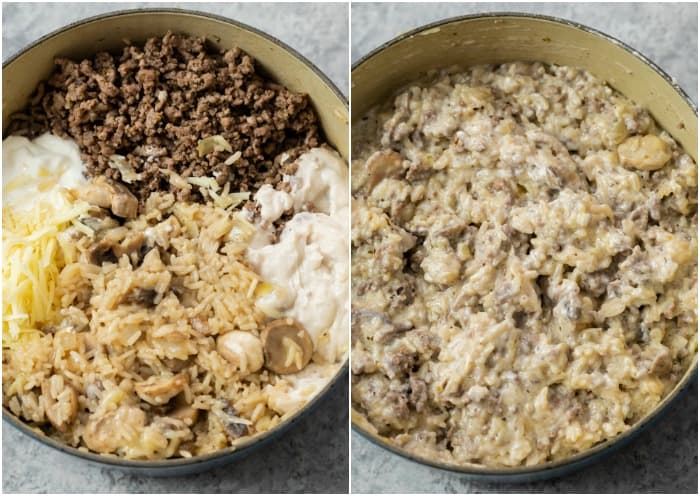 A pot showing the before and after shot of ingredients being mixed to make cheesy ground beef and rice casserole.