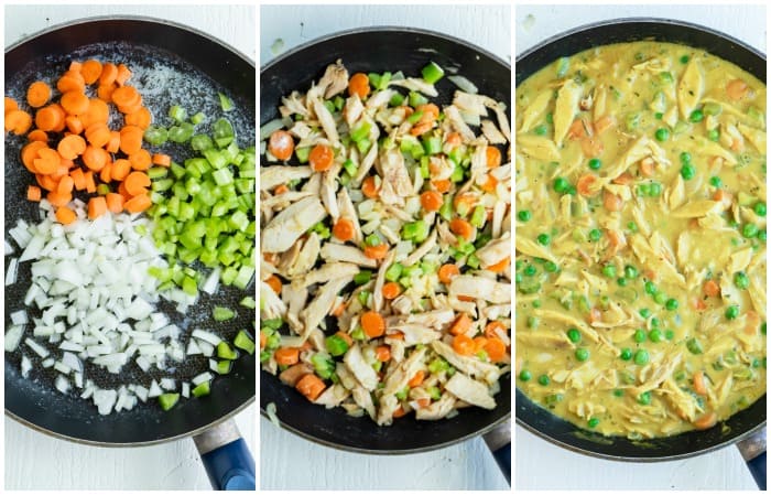 Showing 3 steps for preparing chicken pot pie filling in a skillet.