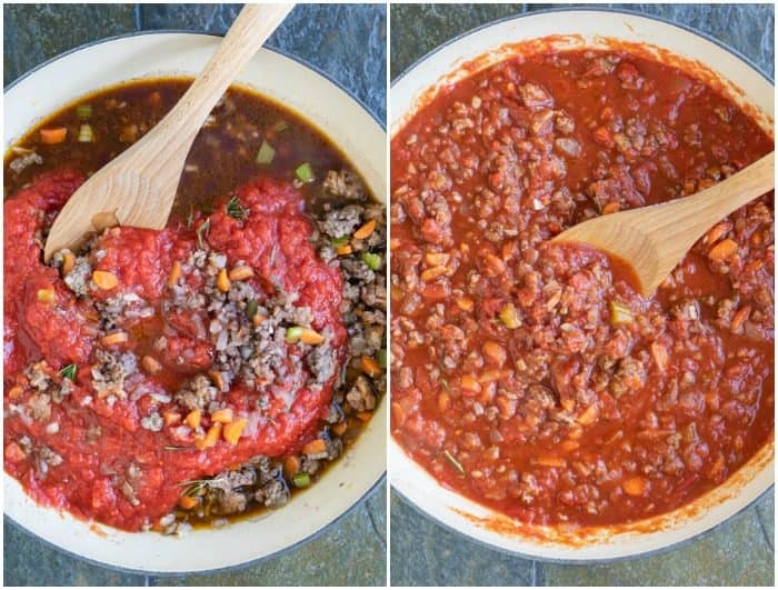 Process of making bolognese sauce with crushed tomatoes being added and stirred in with a wooden spoon.